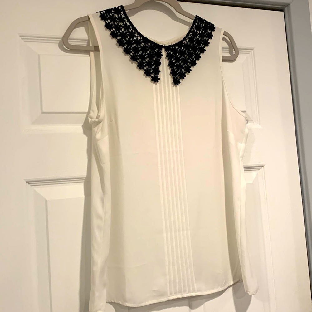 Loft white sleeveless blouse with black lace neckline